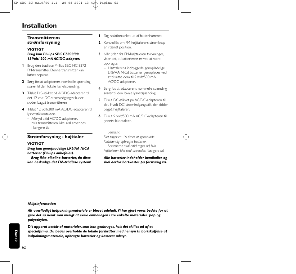 Installation | Philips FM CORDLESS SPEAKER BC8210 User Manual | Page 62 / 133