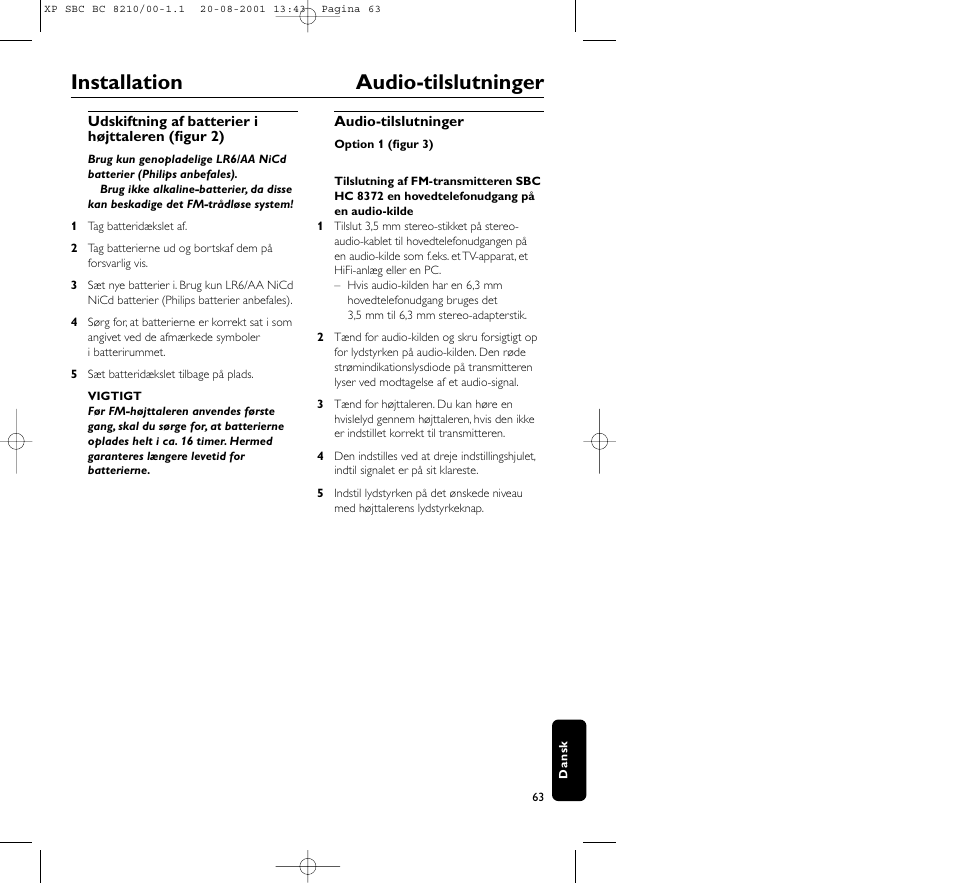 Installation audio-tilslutninger | Philips FM CORDLESS SPEAKER BC8210 User Manual | Page 63 / 133