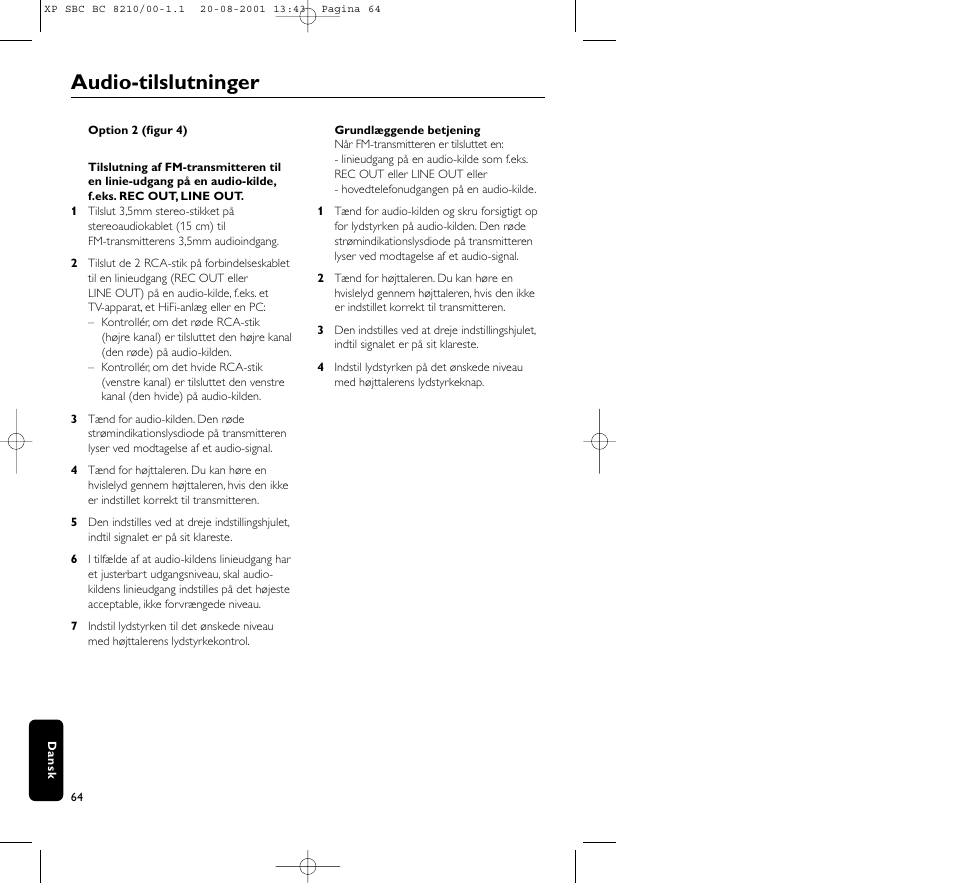 Audio-tilslutninger | Philips FM CORDLESS SPEAKER BC8210 User Manual | Page 64 / 133