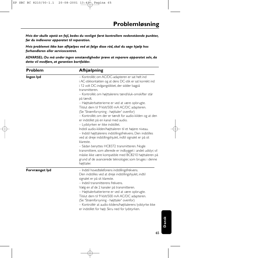 Problemløsning | Philips FM CORDLESS SPEAKER BC8210 User Manual | Page 65 / 133