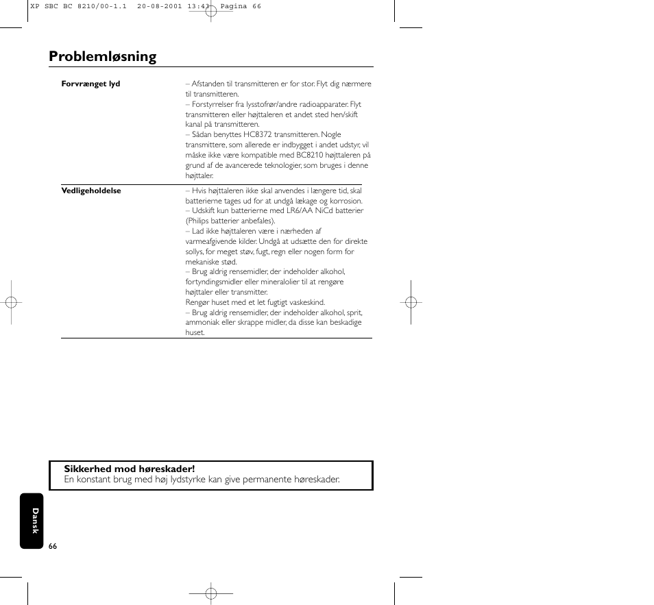 Problemløsning | Philips FM CORDLESS SPEAKER BC8210 User Manual | Page 66 / 133