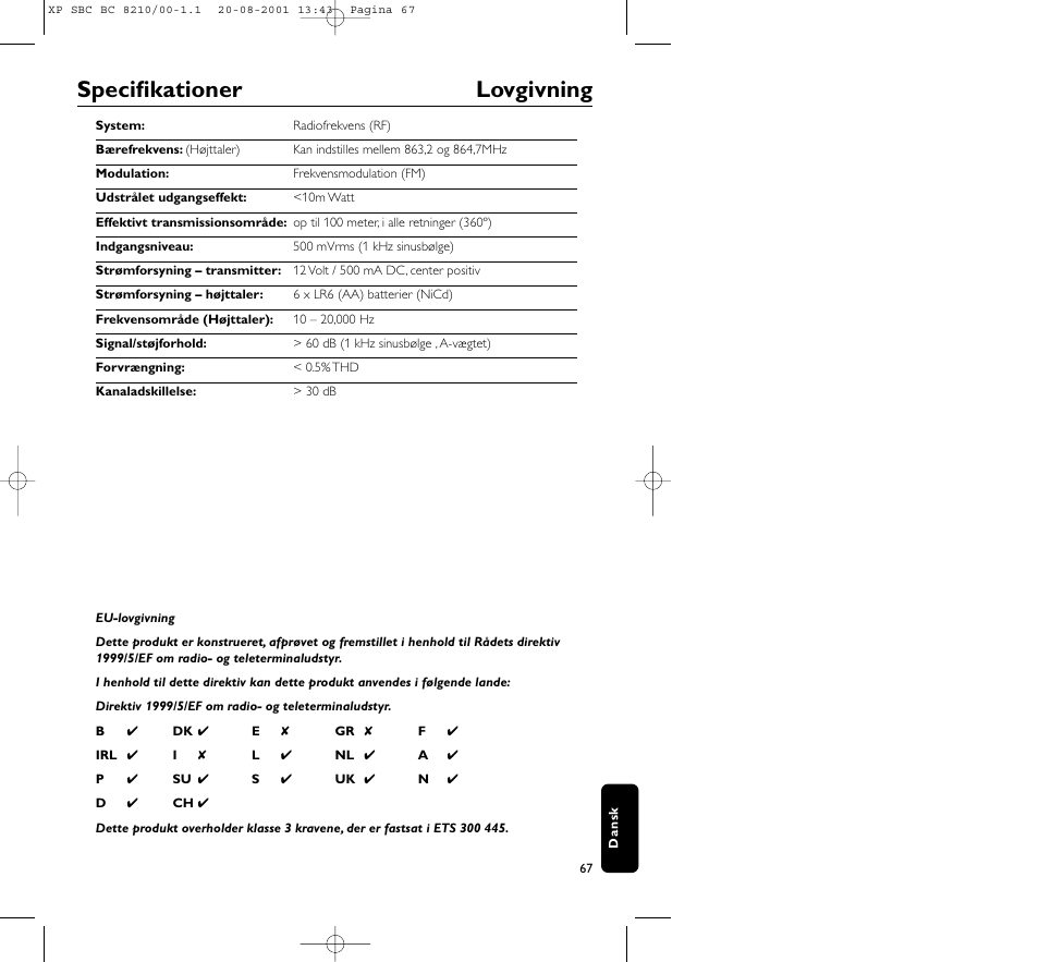 Specifikationer lovgivning | Philips FM CORDLESS SPEAKER BC8210 User Manual | Page 67 / 133