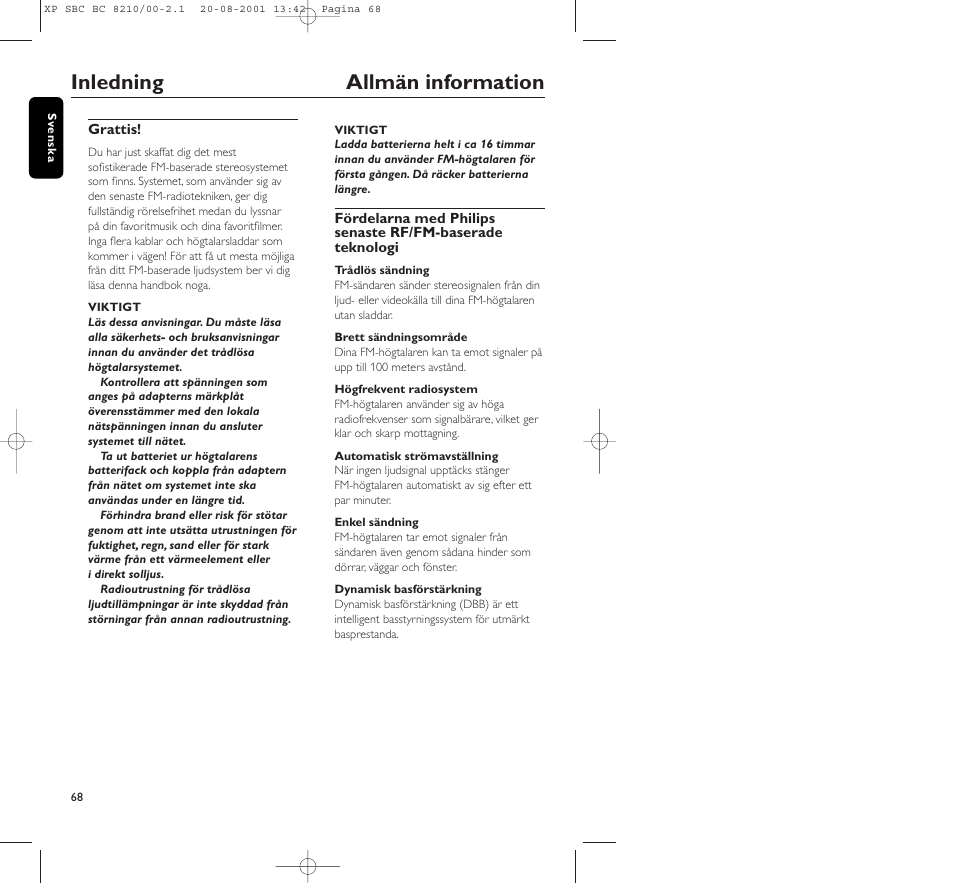 Inledning allmän information | Philips FM CORDLESS SPEAKER BC8210 User Manual | Page 68 / 133