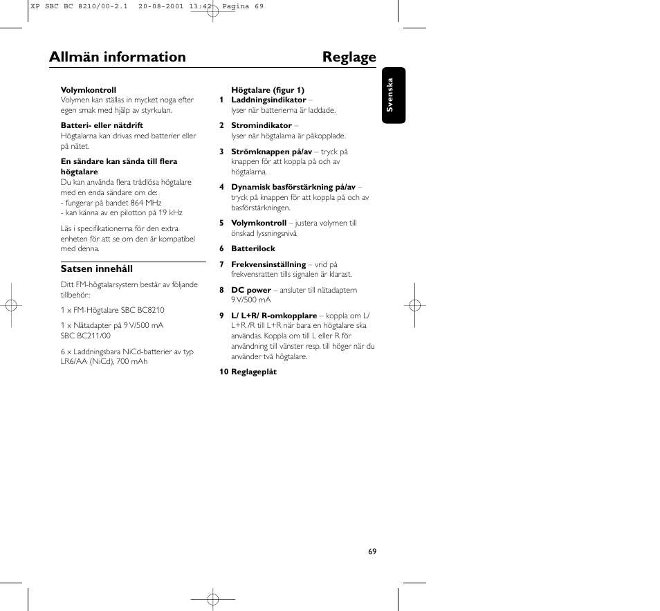 Allmän information reglage | Philips FM CORDLESS SPEAKER BC8210 User Manual | Page 69 / 133