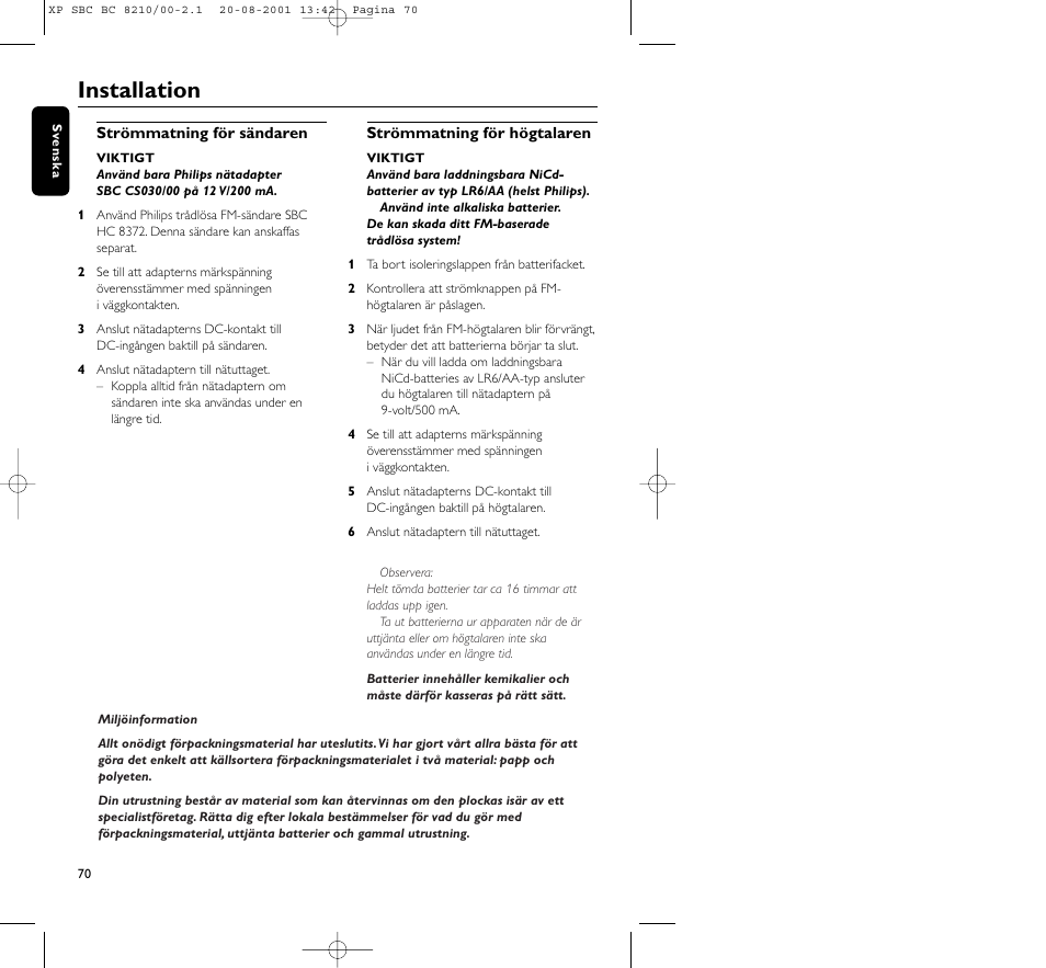 Installation | Philips FM CORDLESS SPEAKER BC8210 User Manual | Page 70 / 133