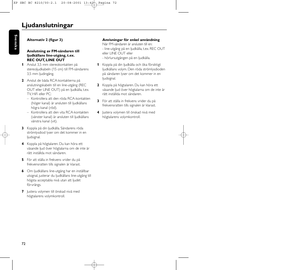 Ljudanslutningar | Philips FM CORDLESS SPEAKER BC8210 User Manual | Page 72 / 133