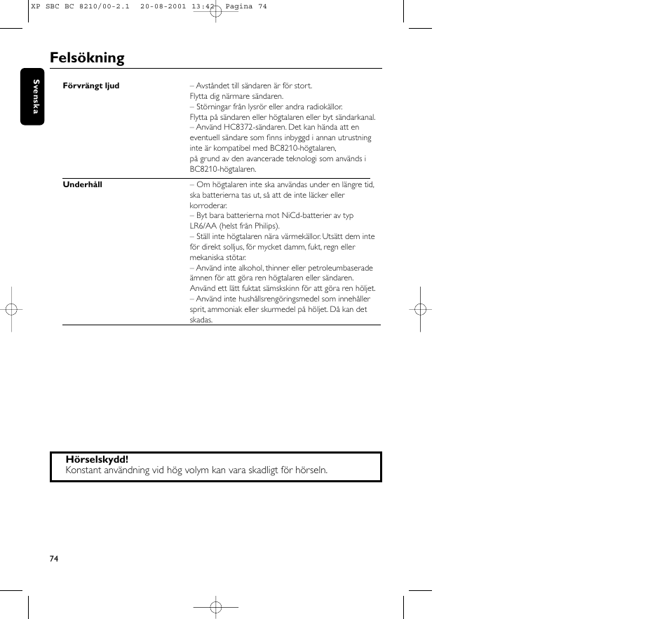 Felsökning | Philips FM CORDLESS SPEAKER BC8210 User Manual | Page 74 / 133