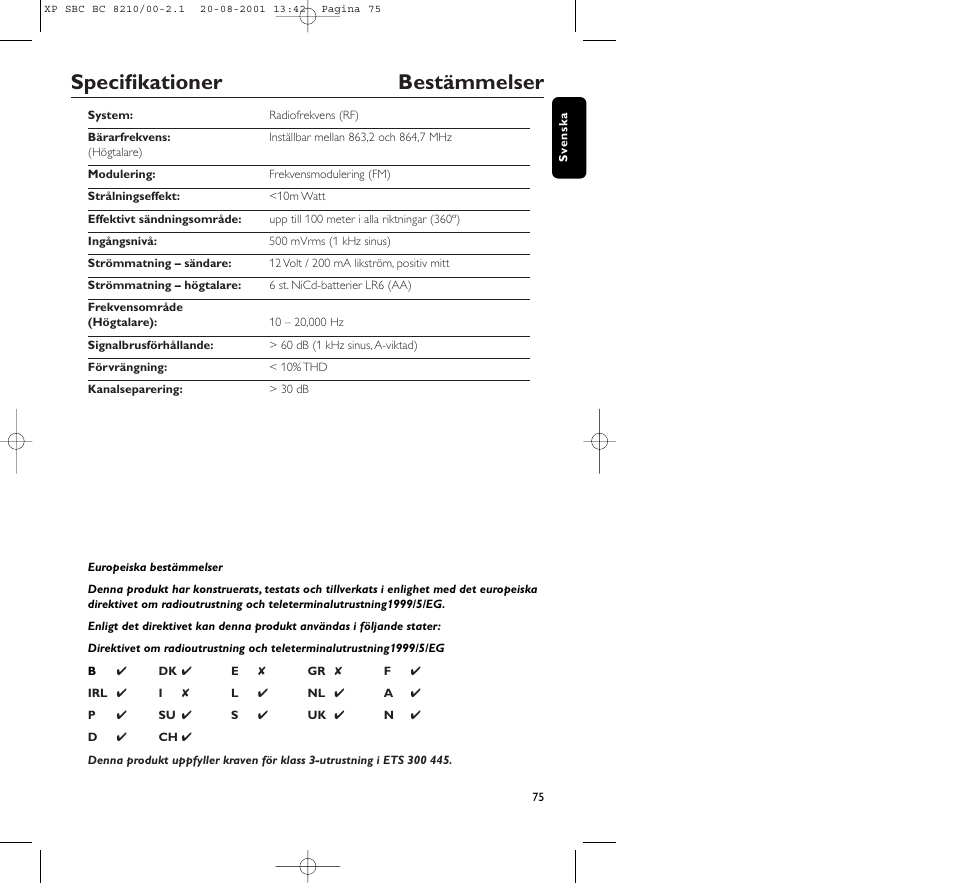 Specifikationer bestämmelser | Philips FM CORDLESS SPEAKER BC8210 User Manual | Page 75 / 133