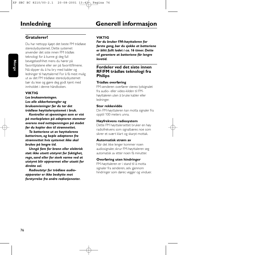 Innledning generell informasjon | Philips FM CORDLESS SPEAKER BC8210 User Manual | Page 76 / 133