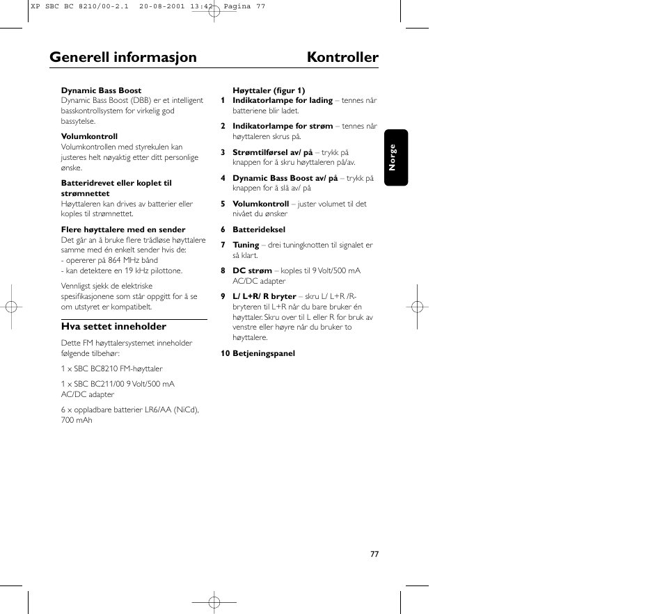 Generell informasjon kontroller | Philips FM CORDLESS SPEAKER BC8210 User Manual | Page 77 / 133