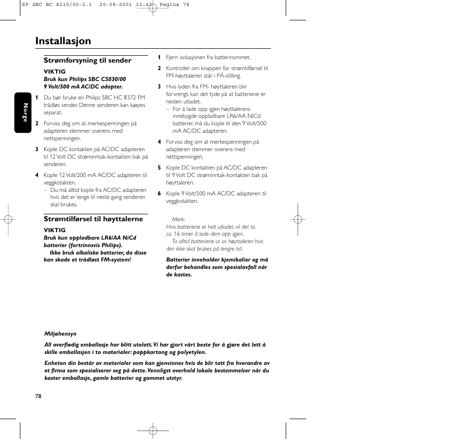 Installasjon | Philips FM CORDLESS SPEAKER BC8210 User Manual | Page 78 / 133