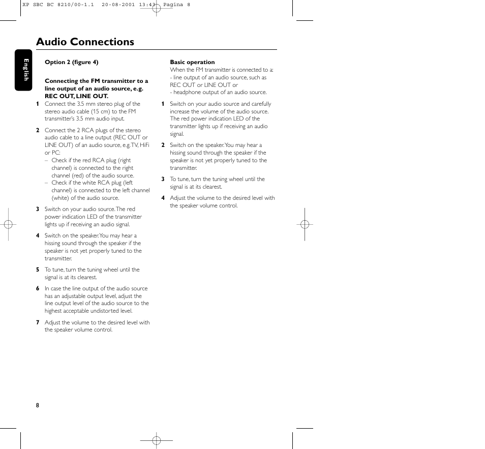 Audio connections | Philips FM CORDLESS SPEAKER BC8210 User Manual | Page 8 / 133