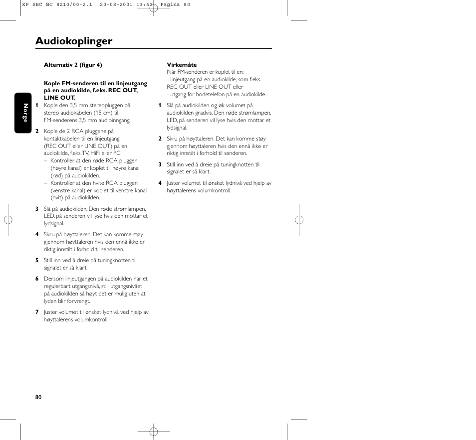 Audiokoplinger | Philips FM CORDLESS SPEAKER BC8210 User Manual | Page 80 / 133