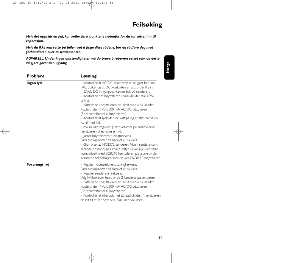 Feilsøking | Philips FM CORDLESS SPEAKER BC8210 User Manual | Page 81 / 133