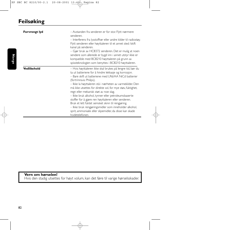 Feilsøking | Philips FM CORDLESS SPEAKER BC8210 User Manual | Page 82 / 133