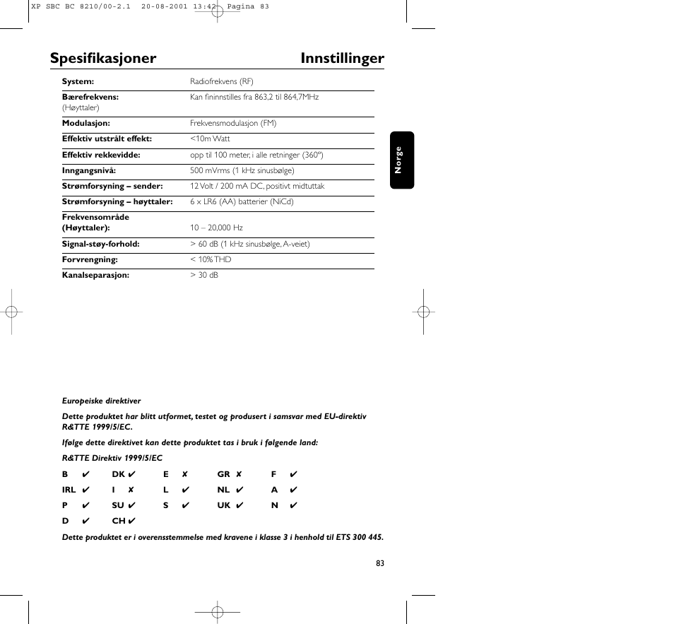 Spesifikasjoner innstillinger | Philips FM CORDLESS SPEAKER BC8210 User Manual | Page 83 / 133