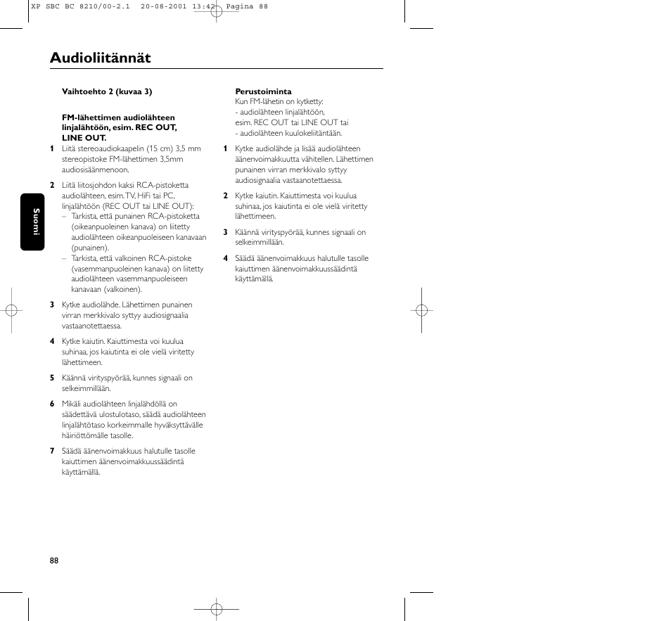 Audioliitännät | Philips FM CORDLESS SPEAKER BC8210 User Manual | Page 88 / 133