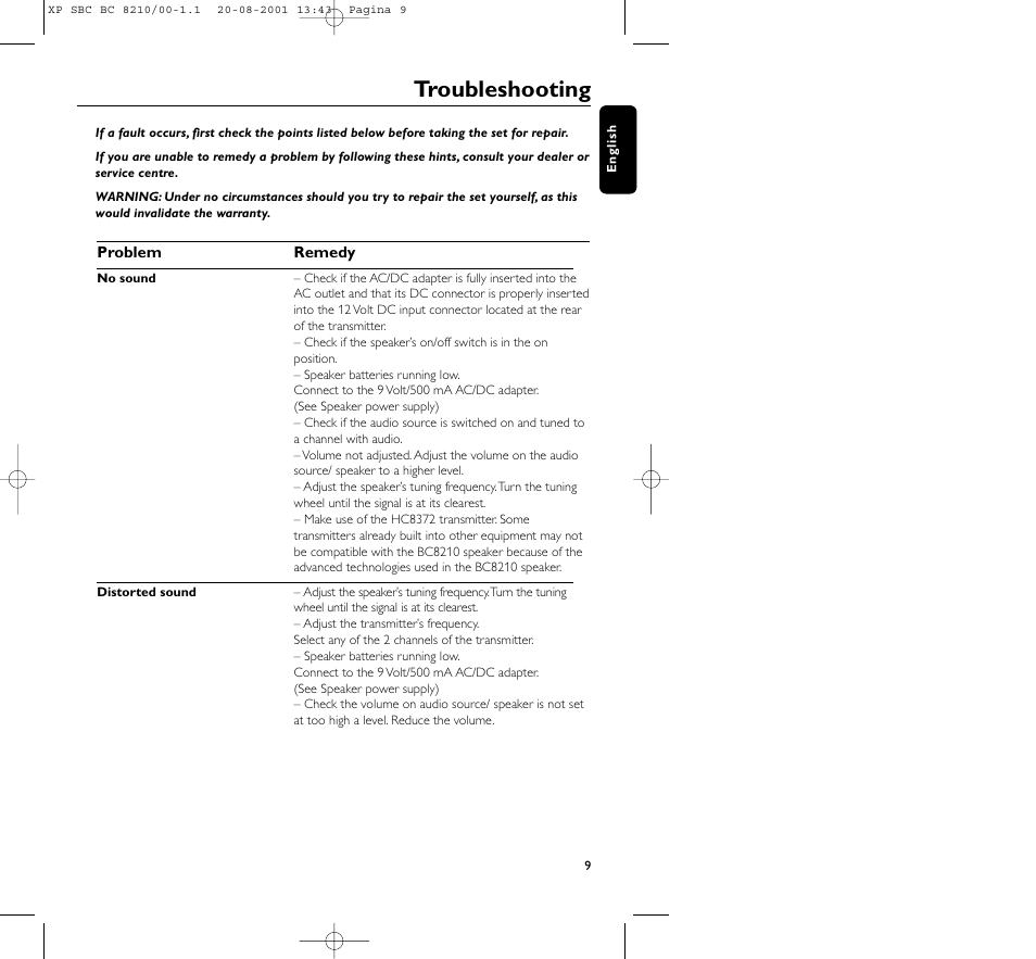 Troubleshooting | Philips FM CORDLESS SPEAKER BC8210 User Manual | Page 9 / 133