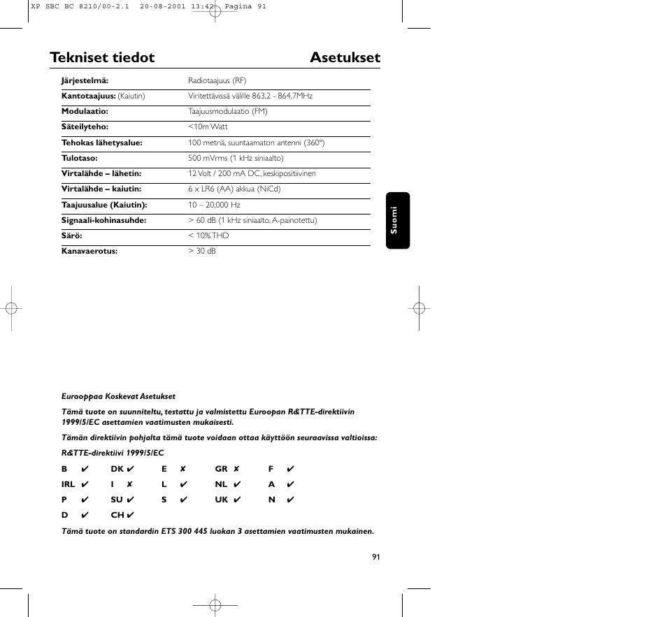 Tekniset tiedot asetukset | Philips FM CORDLESS SPEAKER BC8210 User Manual | Page 91 / 133