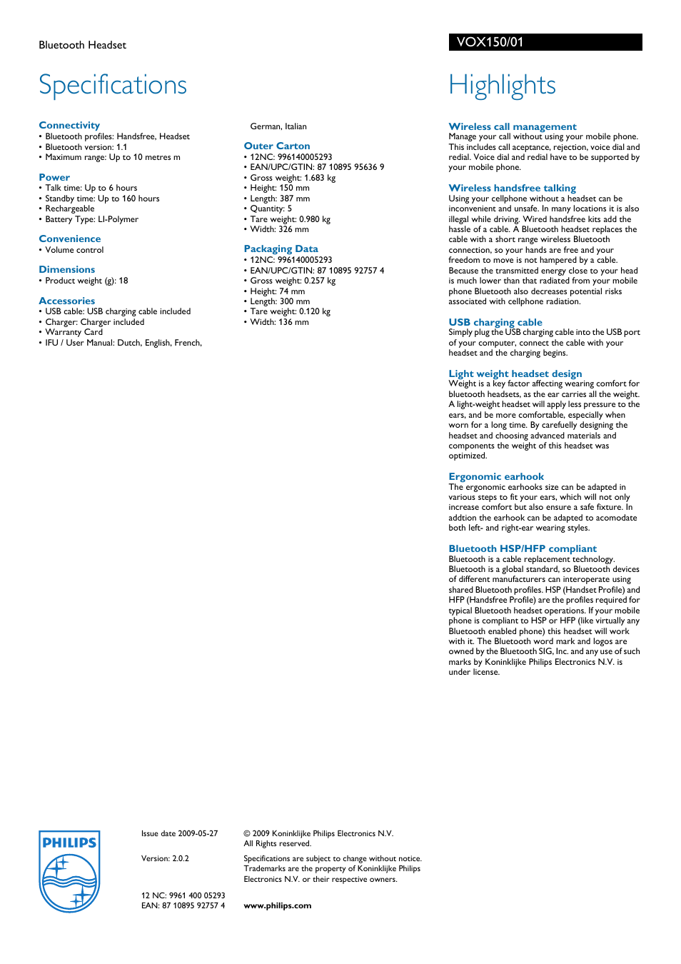 Specifications, Highlights | Philips VOX150 User Manual | Page 2 / 2