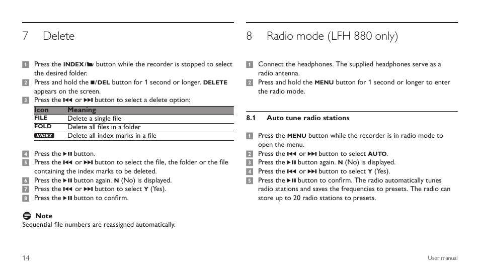 Delete, Radio mode (lfh 880 only), 1 auto tune radio stations | Delete 7, Radio mode (lfh 880 only) 8 | Philips LFH 660 User Manual | Page 14 / 22