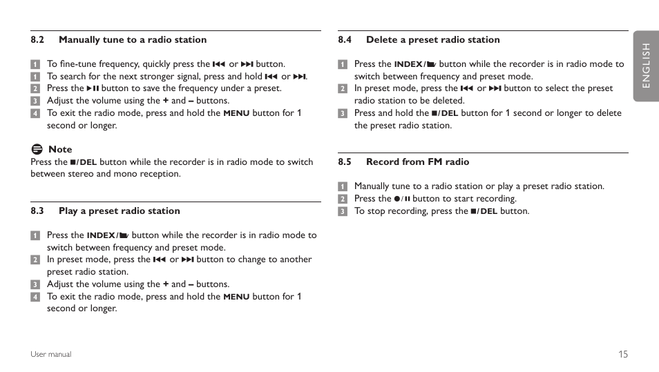 2 manually tune to a radio station, 3 play a preset radio station, 4 delete a preset radio station | 5 record from fm radio | Philips LFH 660 User Manual | Page 15 / 22