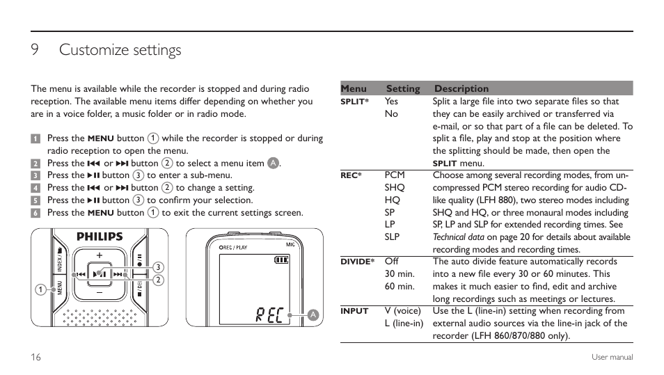 Customize settings, 9 customize settings | Philips LFH 660 User Manual | Page 16 / 22