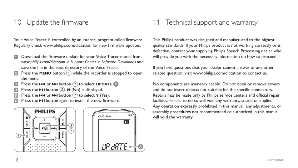 10 update the firmware, 11 technical support and warranty 18, Update the firmware 10 | Technical support and warranty 11 | Philips LFH 660 User Manual | Page 18 / 22