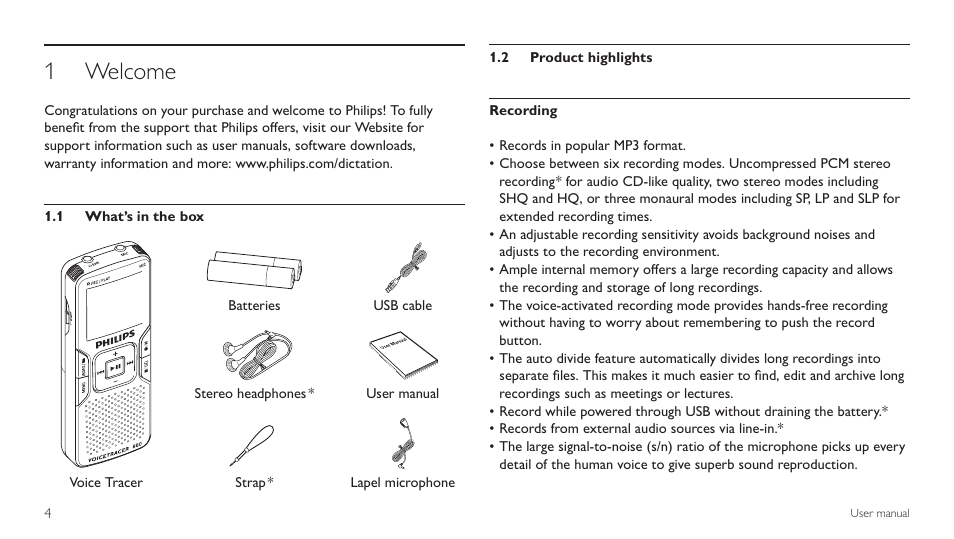 Welcome, 1 what’s in the box, 2 product highlights | Welcome 1 | Philips LFH 660 User Manual | Page 4 / 22