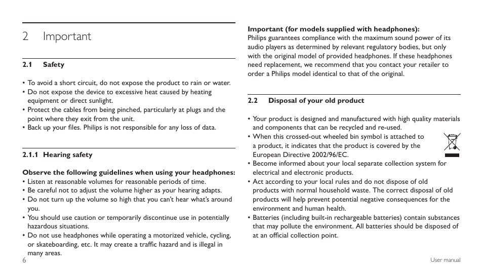 Important, 1 safety, 2 disposal of your old product | Important 2 | Philips LFH 660 User Manual | Page 6 / 22