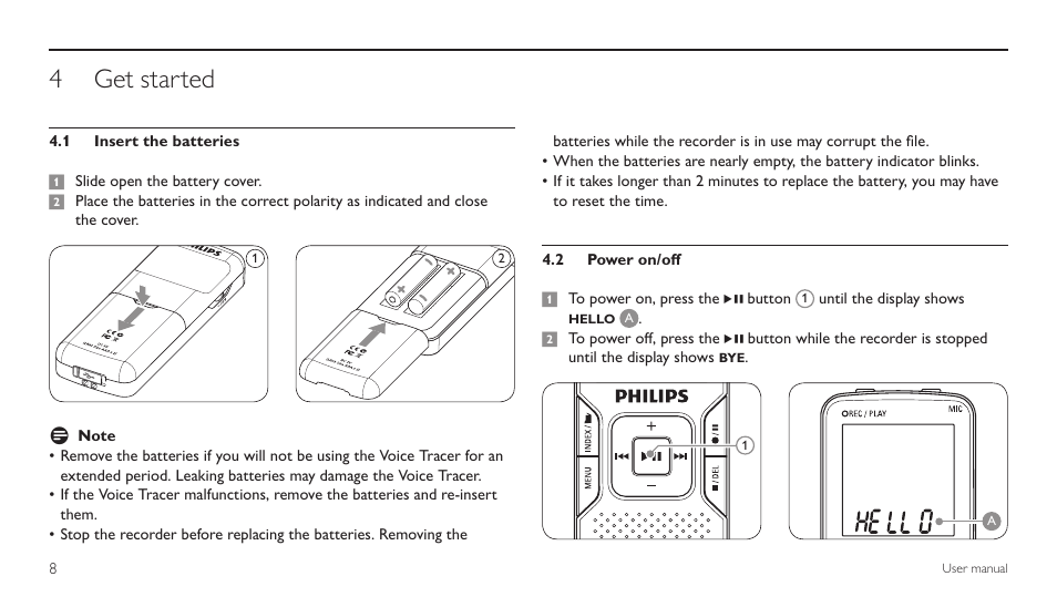 Get started, 1 insert the batteries, 2 power on/off | Get started 4 | Philips LFH 660 User Manual | Page 8 / 22