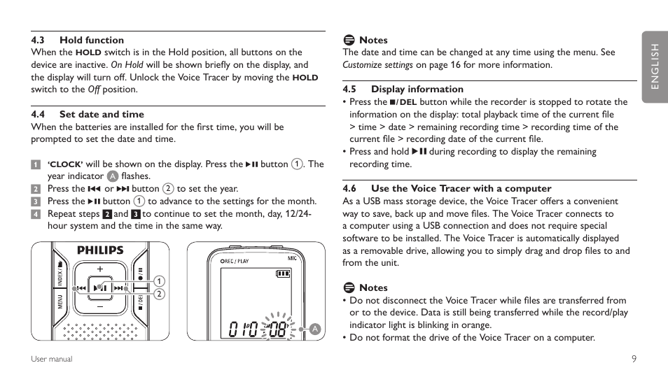 3 hold function, 4 set date and time, 5 display information | 6 use the voice tracer with a computer 9 | Philips LFH 660 User Manual | Page 9 / 22