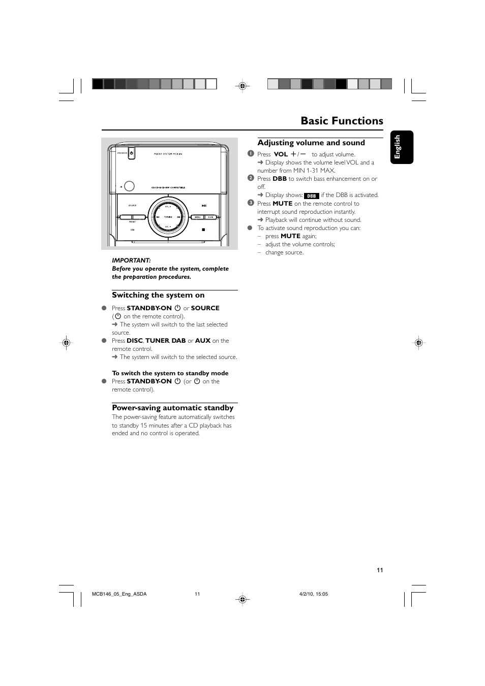 Basic functions | Philips MCB146 User Manual | Page 11 / 24