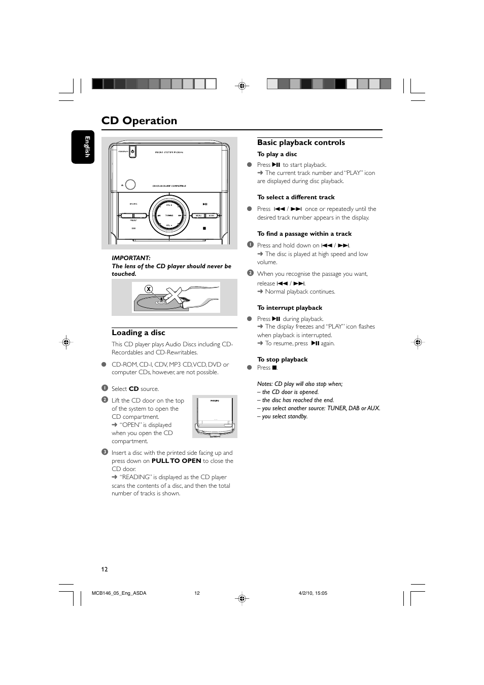 Cd operation, Basic playback controls, Loading a disc | Philips MCB146 User Manual | Page 12 / 24