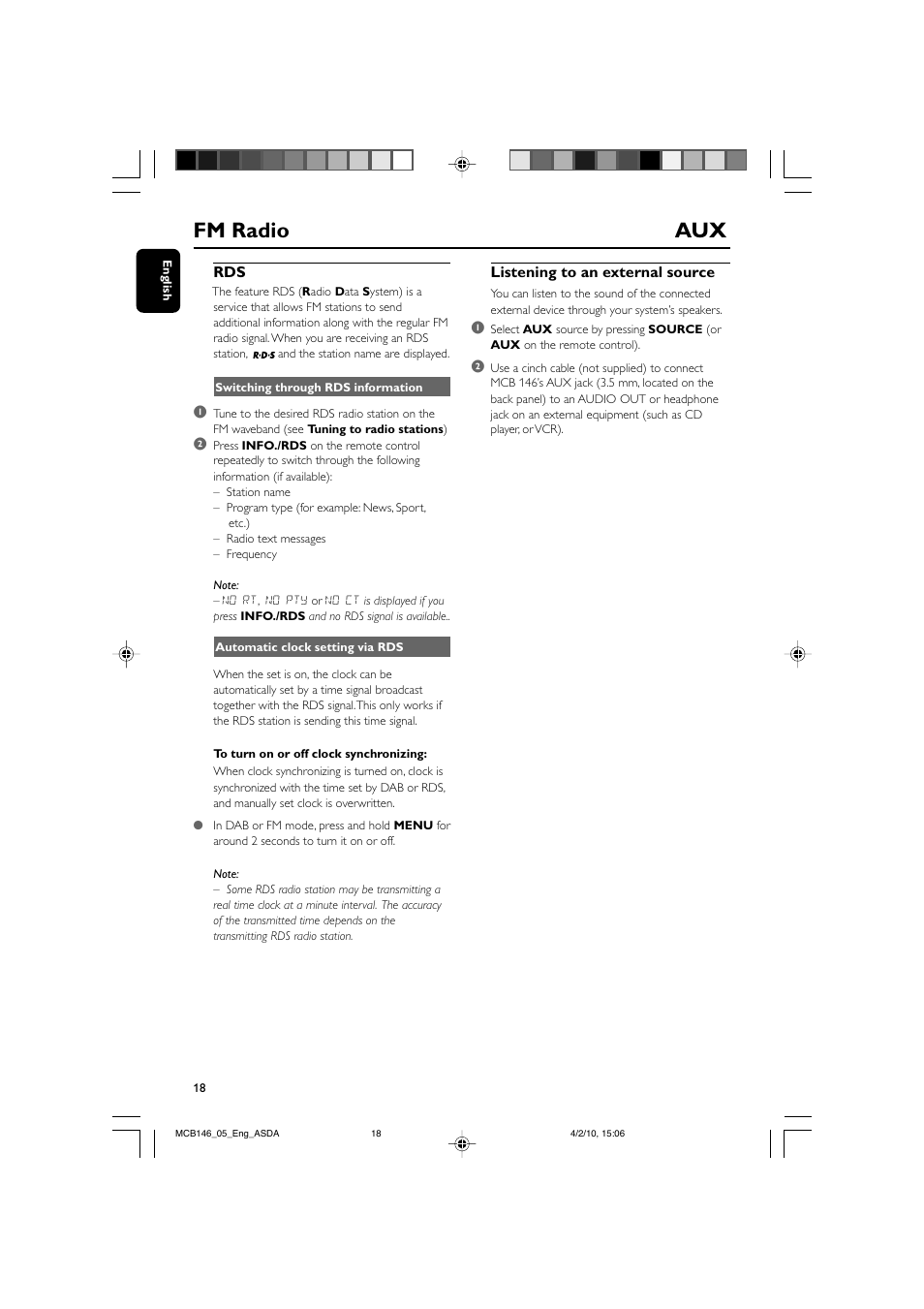 Fm radio aux | Philips MCB146 User Manual | Page 18 / 24