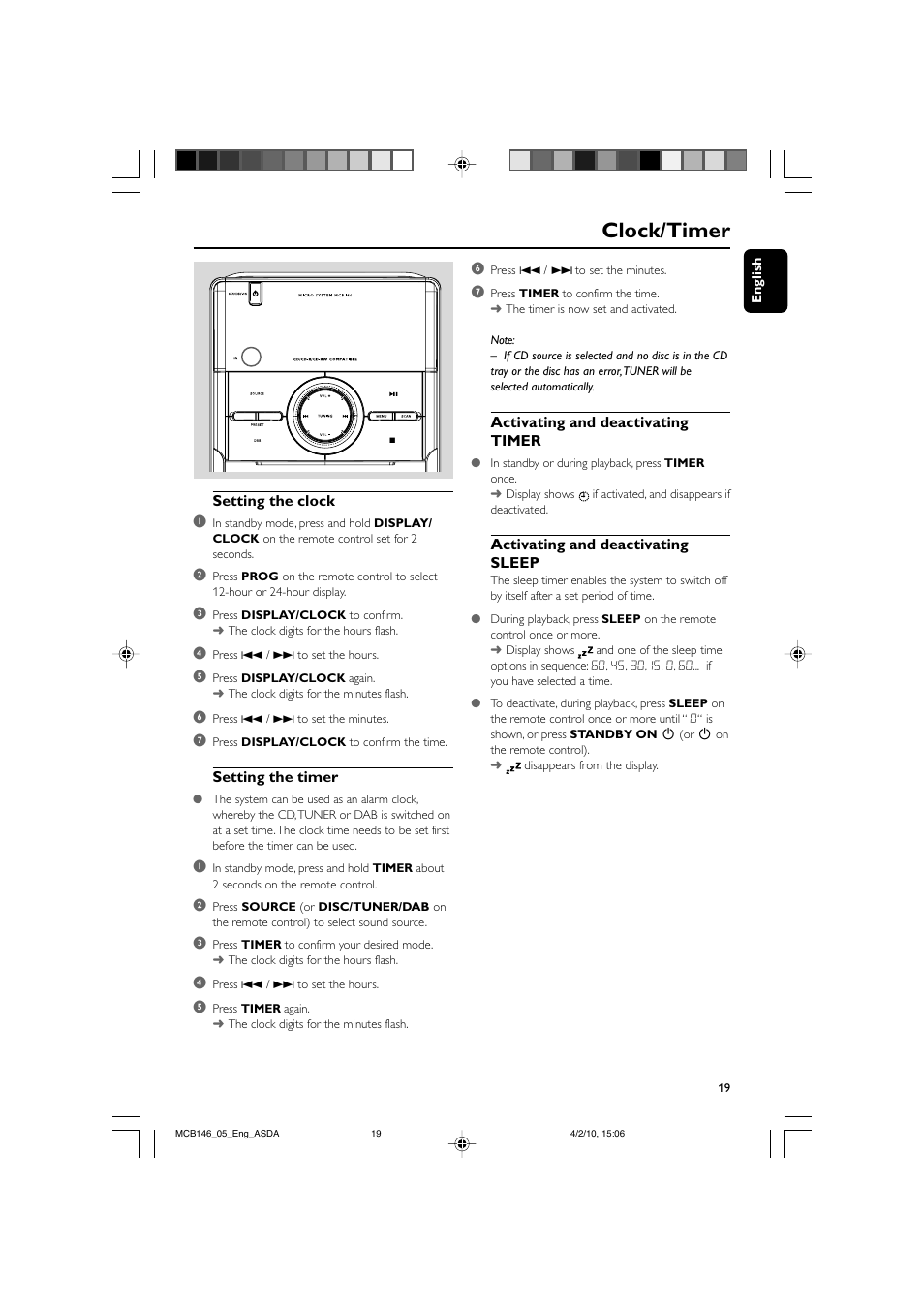 Clock/timer | Philips MCB146 User Manual | Page 19 / 24