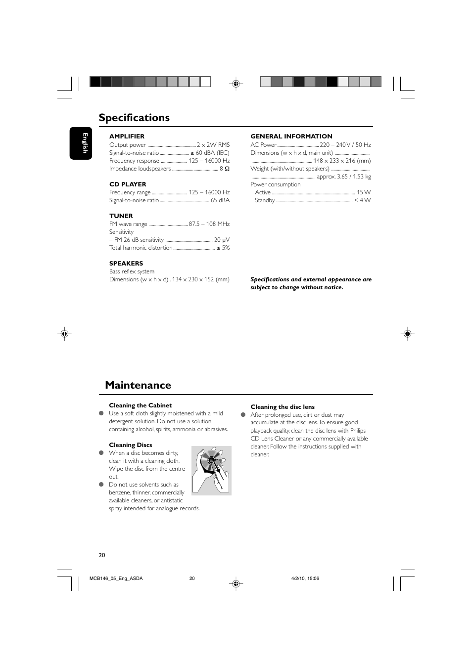 Specifications, Maintenance | Philips MCB146 User Manual | Page 20 / 24