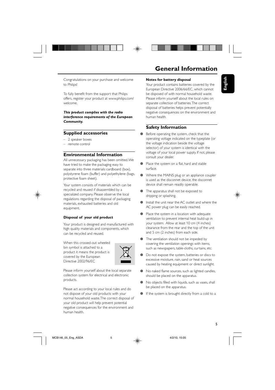 General information, Supplied accessories, Environmental information | Safety information | Philips MCB146 User Manual | Page 5 / 24
