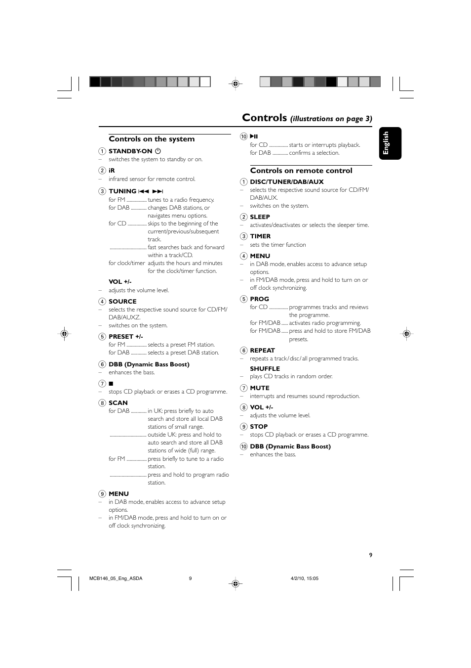 Controls | Philips MCB146 User Manual | Page 9 / 24