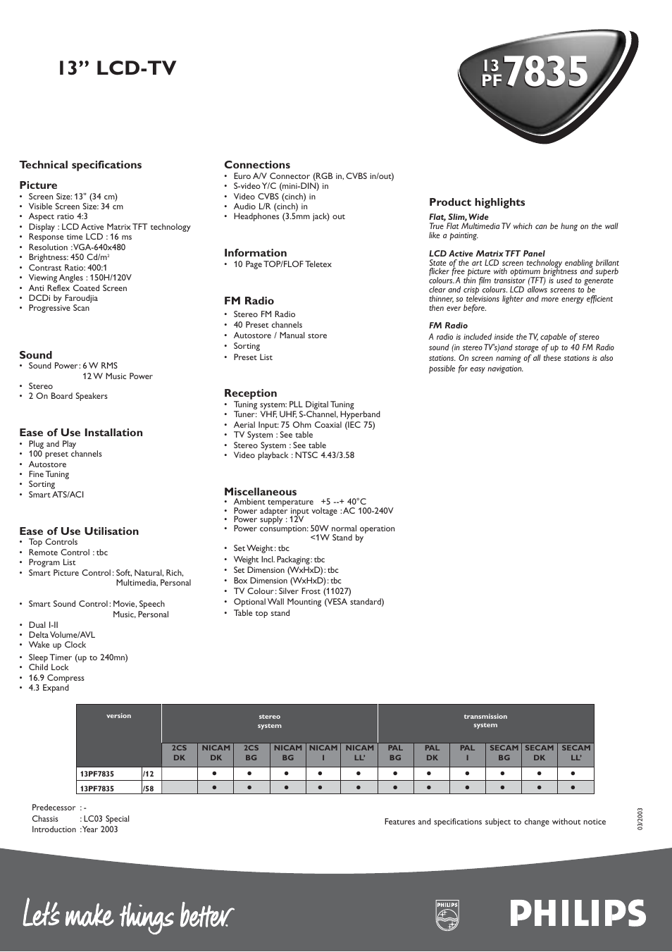 13” lcd-tv, 13 pf | Philips 13" LCD-TV PF7835 User Manual | Page 2 / 2