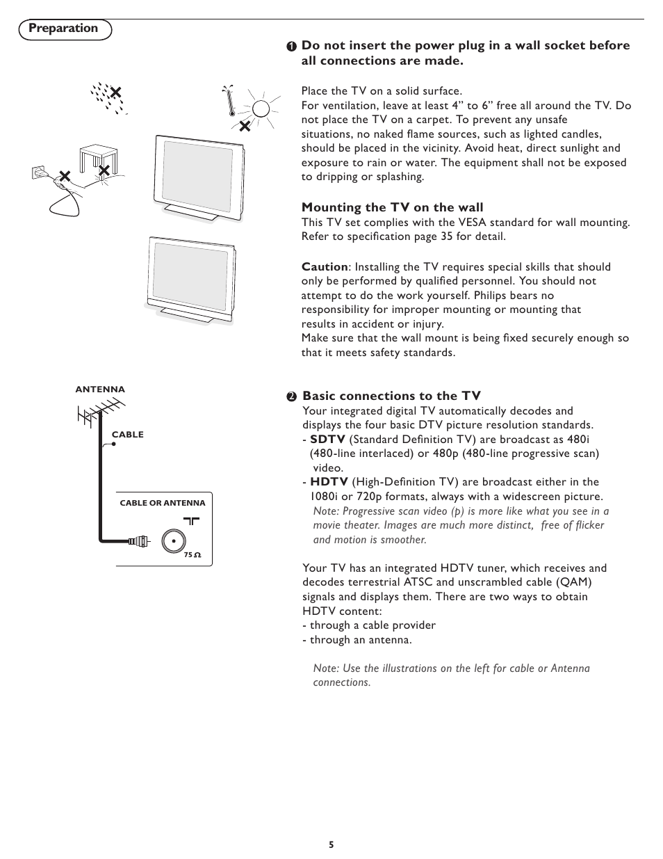 Mounting the tv on the wall, Basic connections to the tv | Philips 19PFL5402D User Manual | Page 12 / 43