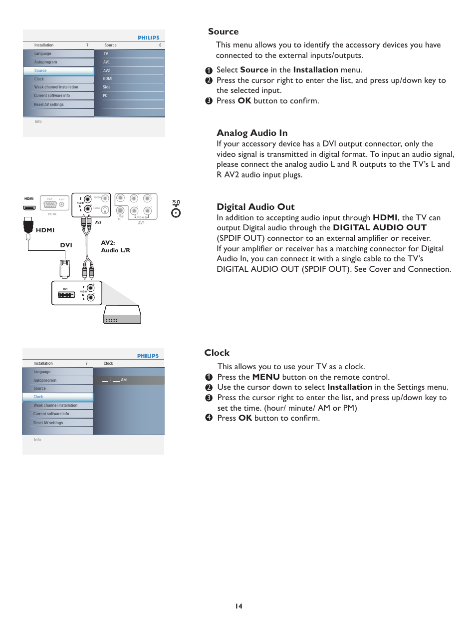 Analog audio in, Digital audio out, Source | Clock | Philips 19PFL5402D User Manual | Page 21 / 43