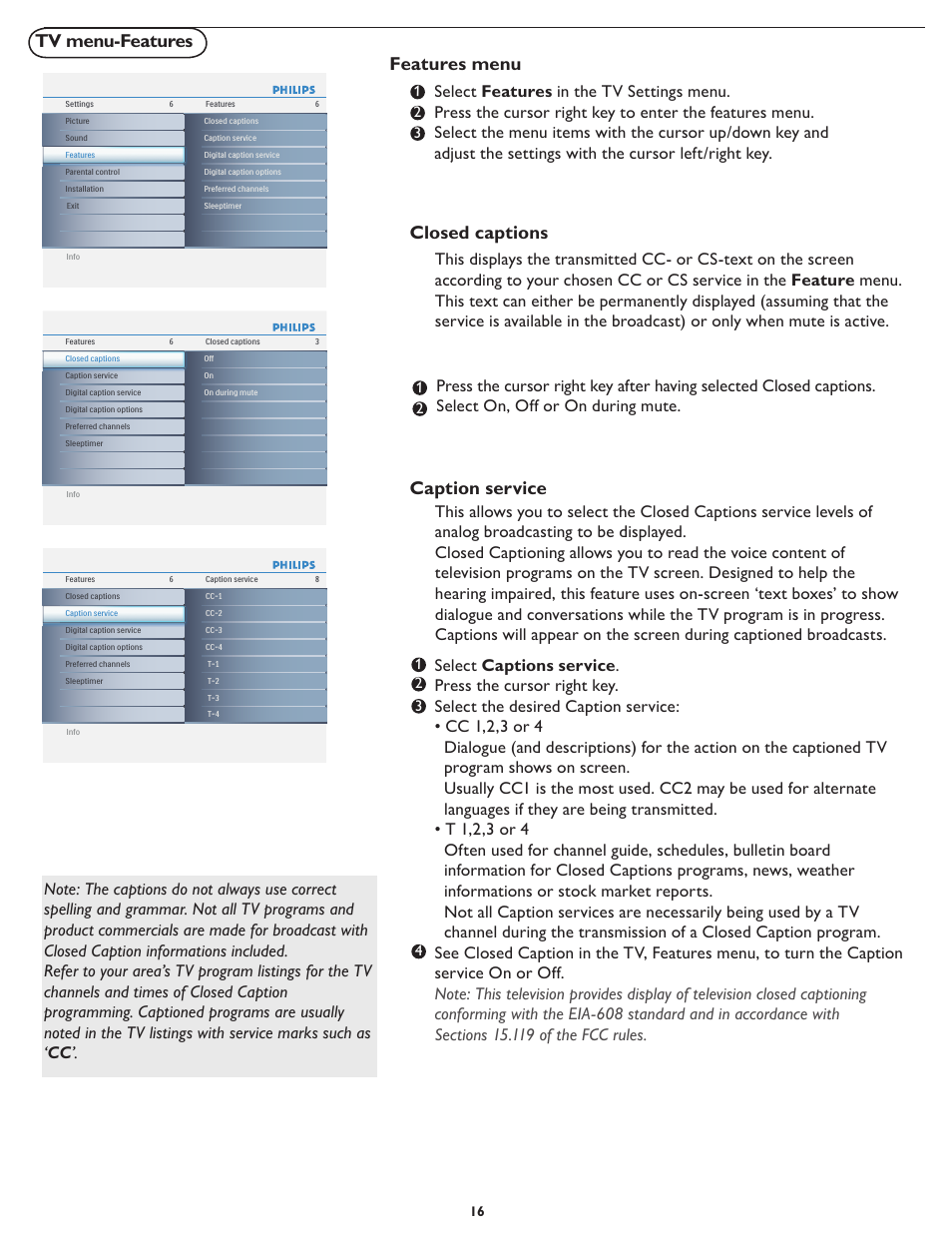 Tv menu-features, Features menu, Closed captions | Caption service | Philips 19PFL5402D User Manual | Page 23 / 43