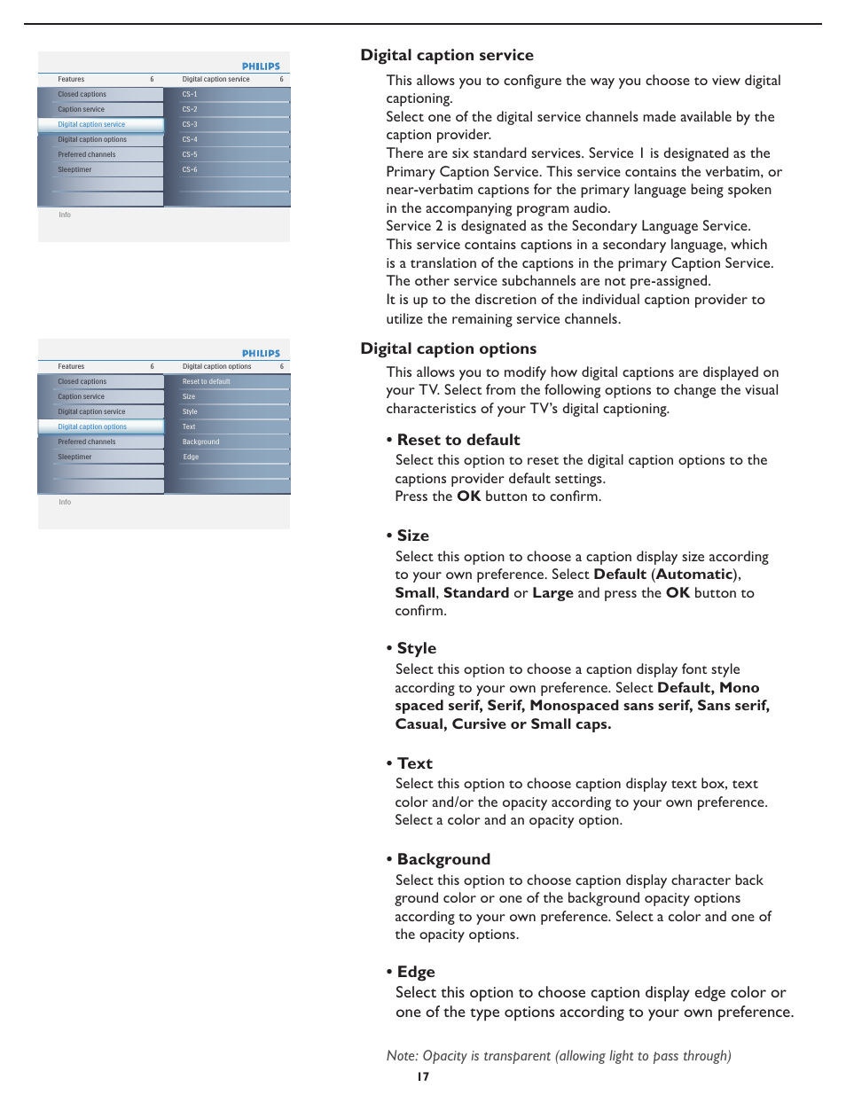 Reset to default, Size, Style | Text, Background, Digital caption options, Digital caption service | Philips 19PFL5402D User Manual | Page 24 / 43