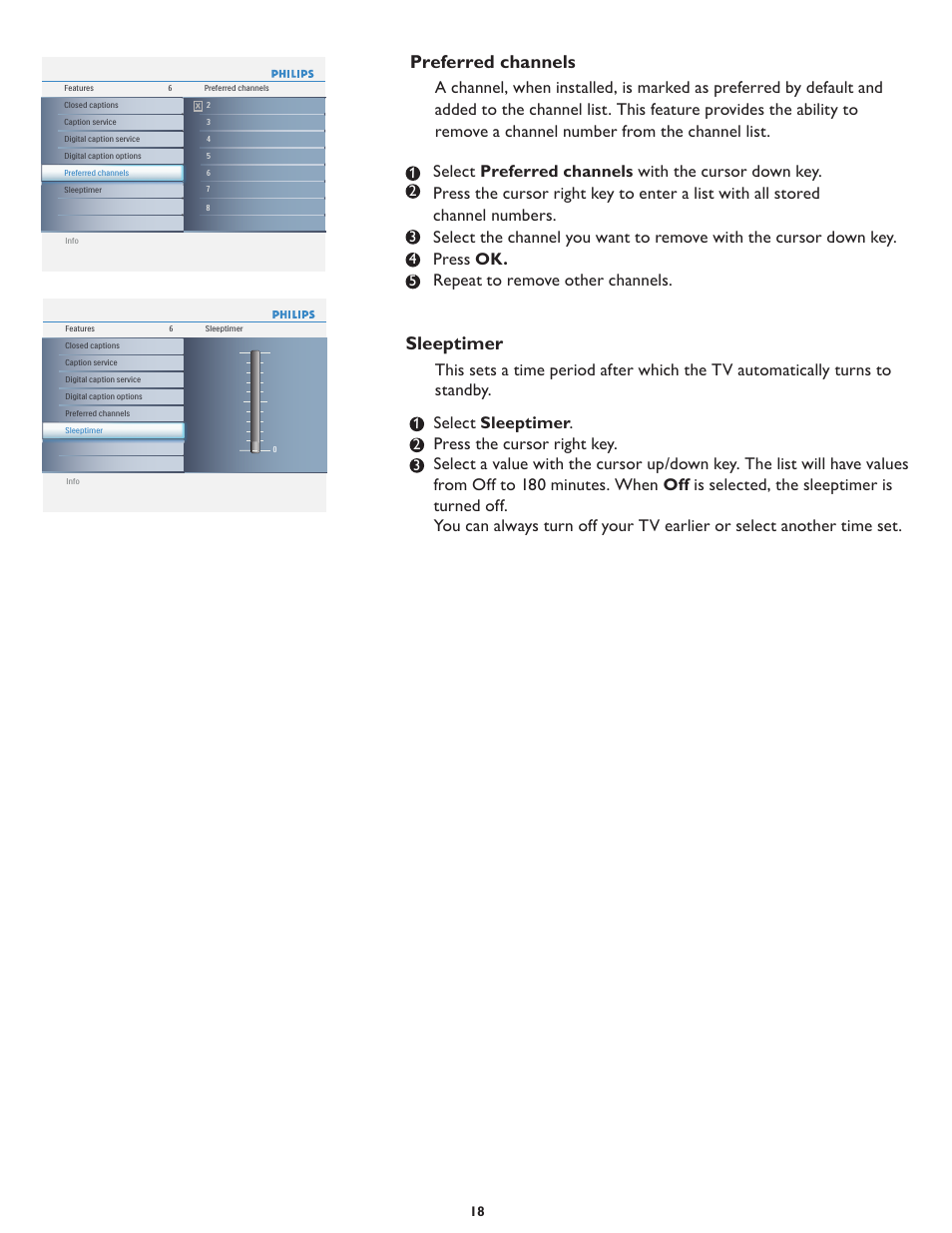 Preferred channels, Sleeptimer | Philips 19PFL5402D User Manual | Page 25 / 43