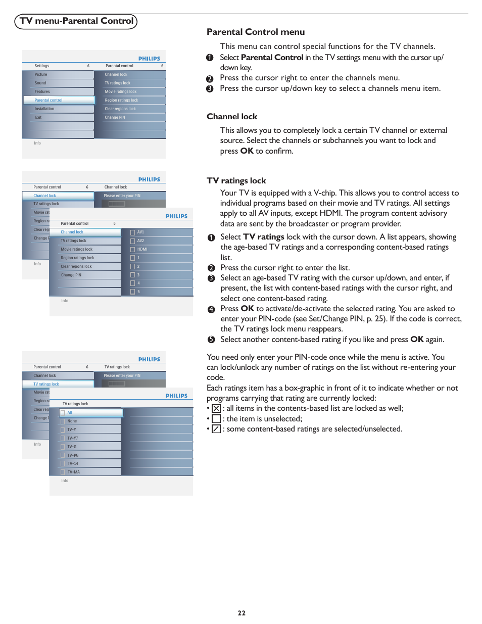 Parental control menu, Tv menu-parental control | Philips 19PFL5402D User Manual | Page 29 / 43