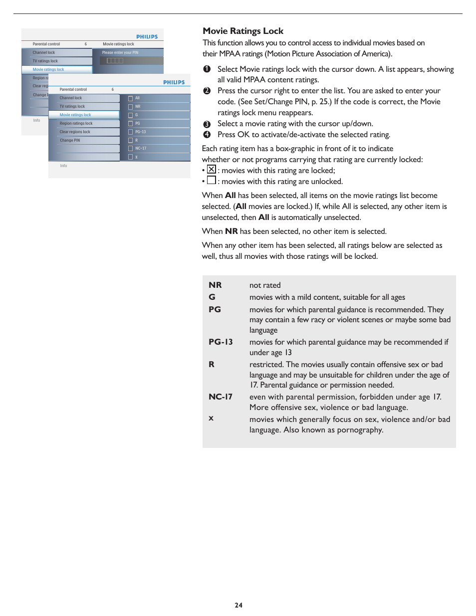 Movie ratings lock | Philips 19PFL5402D User Manual | Page 31 / 43