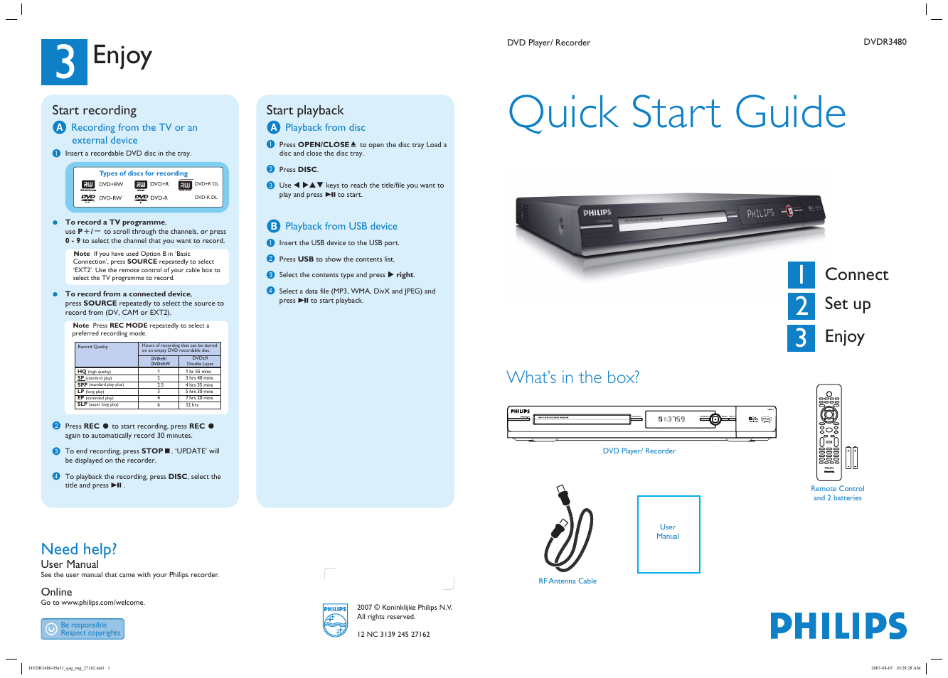 Philips DVDR3480/05B User Manual | 2 pages