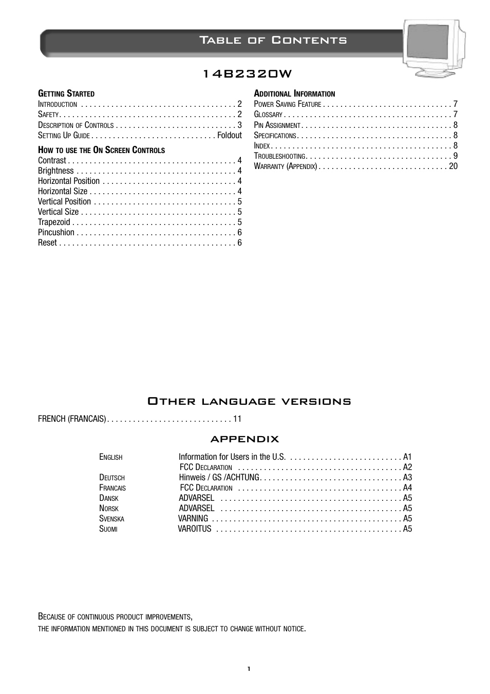 Appendix | Philips 104B Color Monitor 14B2320W User Manual | Page 2 / 11