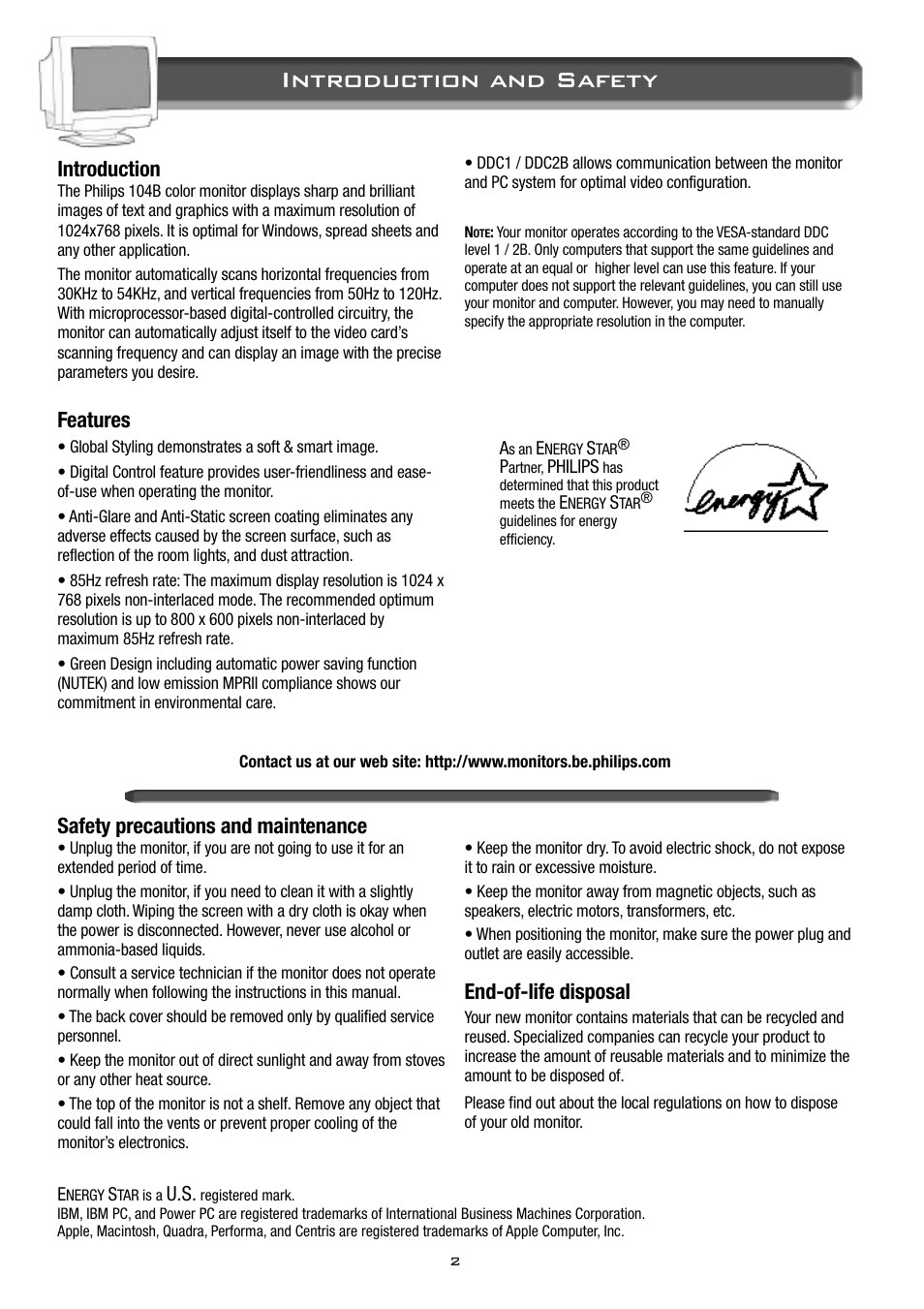 Introduction and safety, Safety precautions and maintenance, End-of-life disposal | Introduction, Features | Philips 104B Color Monitor 14B2320W User Manual | Page 3 / 11